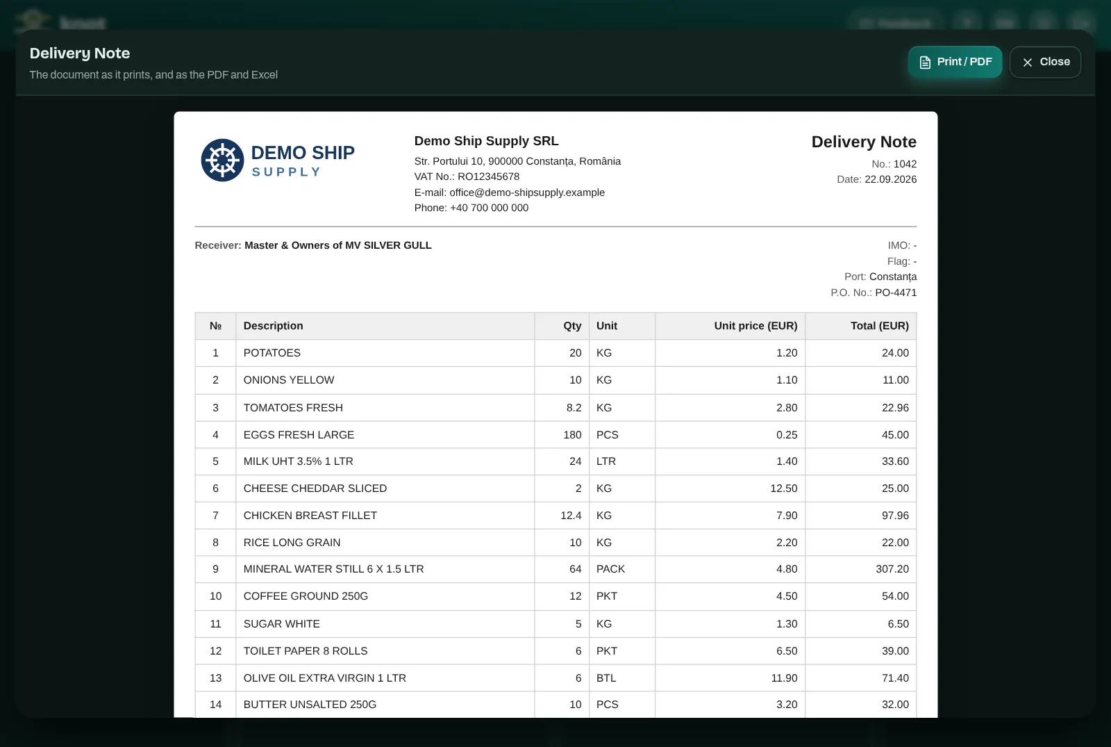 The delivery note in Knot, in preview: your logo and company details on top, the receiver and the priced lines