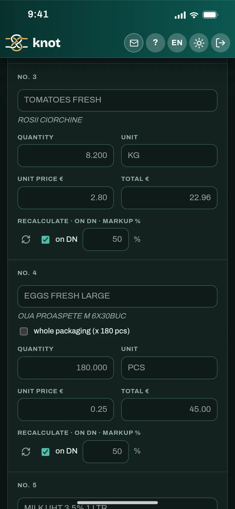 The delivery note lines on a phone: quantity, unit, price and total, each one editable on the spot
