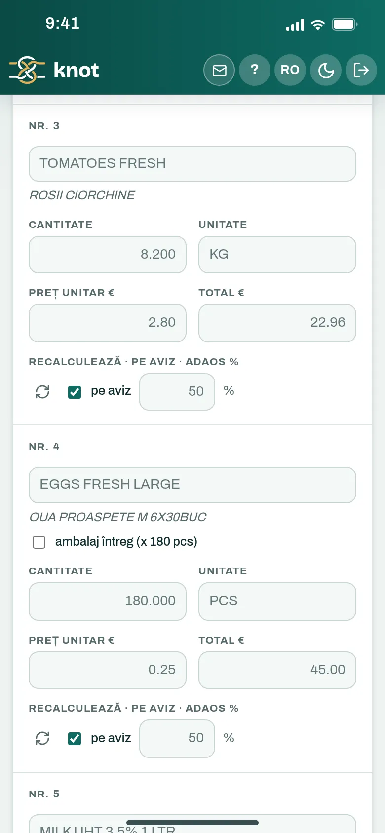 Liniile avizului pe telefon: cantitatea, unitatea, prețul și totalul, fiecare de corectat pe loc