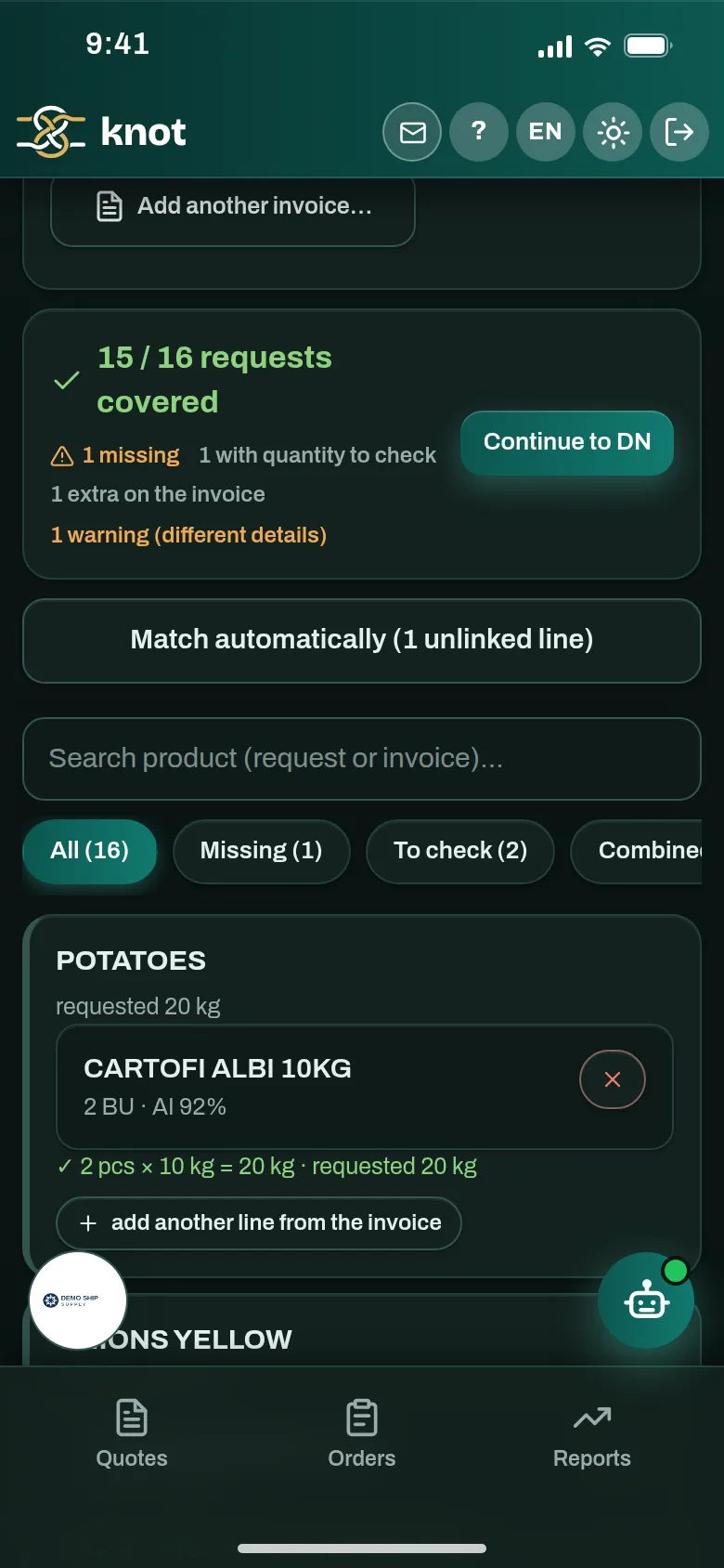 The matching summary: covered, missing, extra and to-check lines