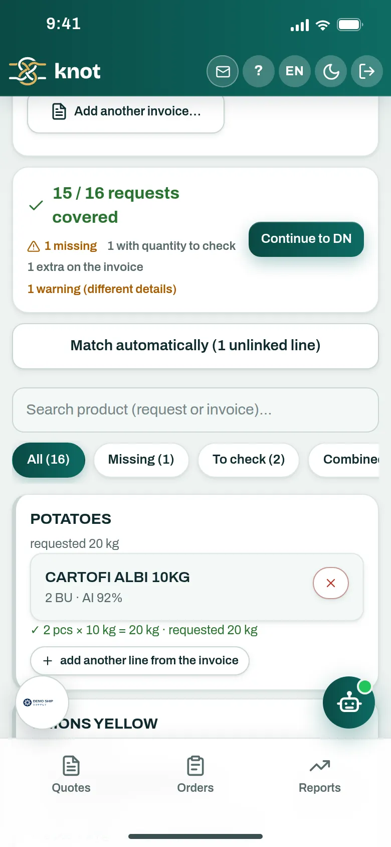 The matching summary: covered, missing, extra and to-check lines