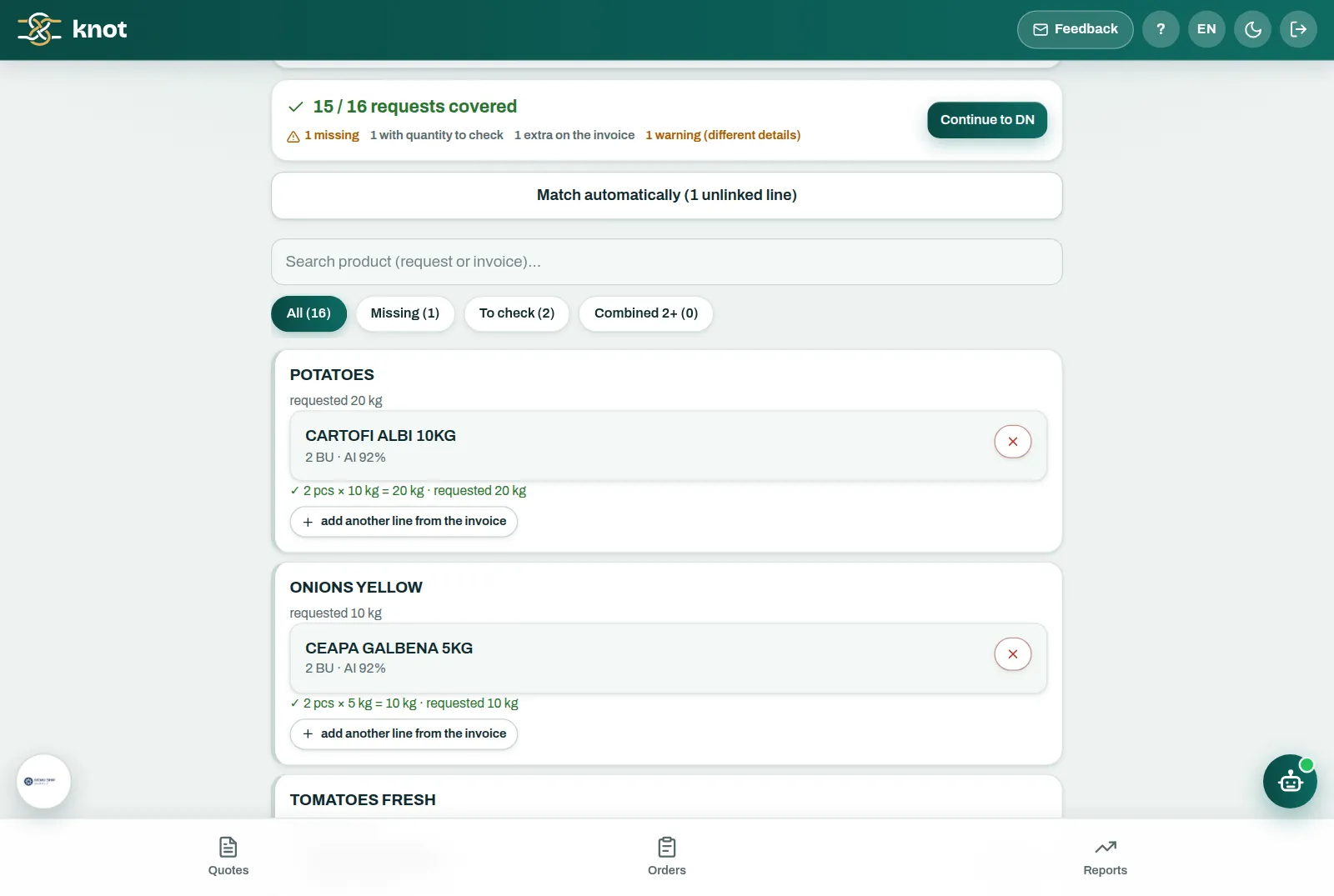 The matching summary: covered, missing, extra and to-check lines