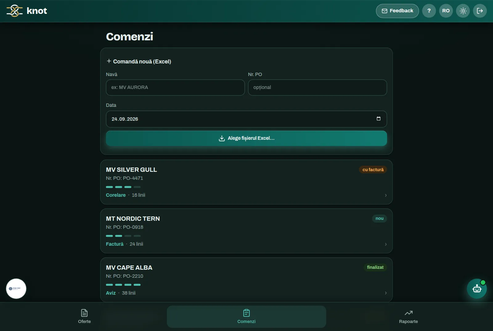 Lista de comenzi din Knot, pe telefon, cu progresul fiecărei comenzi