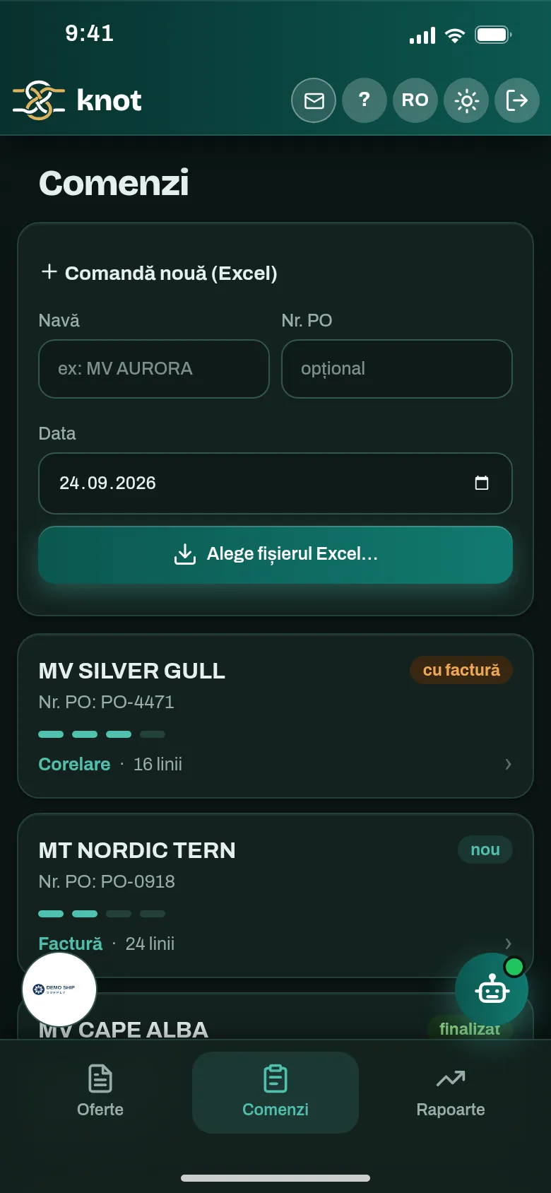 Lista de comenzi din Knot, pe telefon, cu progresul fiecărei comenzi